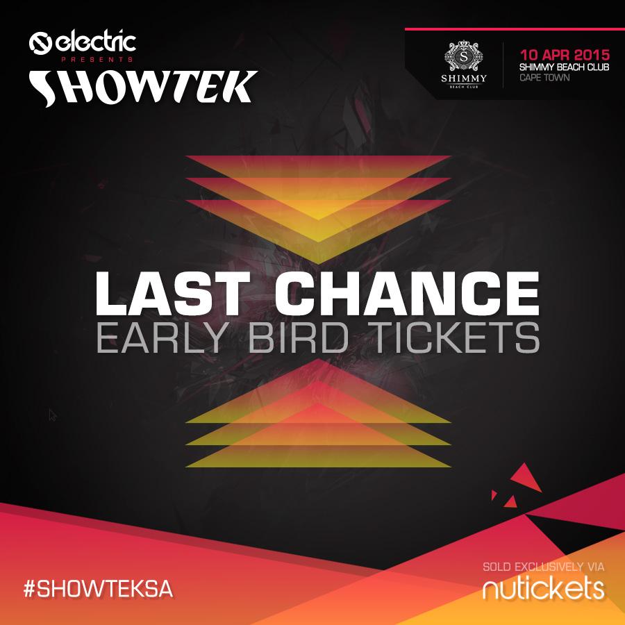#ElectricFam, only a few Early Bird tickets left!

Offer exclusive to Nutickets - bit.ly/1Mmybcy #ShowtekSA