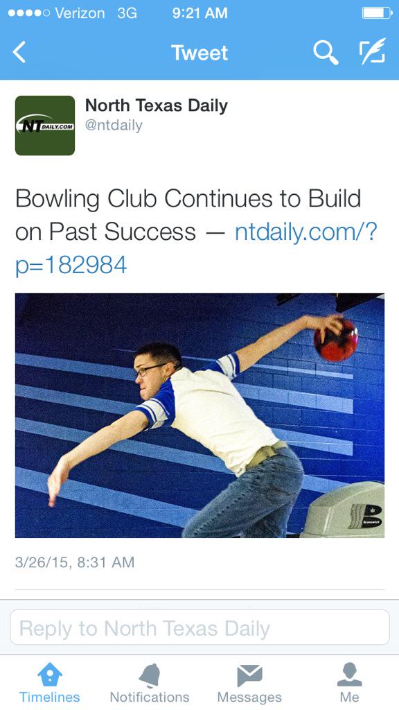 NTPigeon's tweet photo. #UNT bowling star shatters wrist in freak accident. http://t.co/bAsPZp8DID