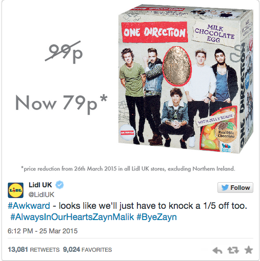 Telegraph's tweet photo. .@LidlUK had a witty response to Zayn Malik leaving One Direction http://t.co/ATkbFDB855 http://t.co/APX2kMadeH
