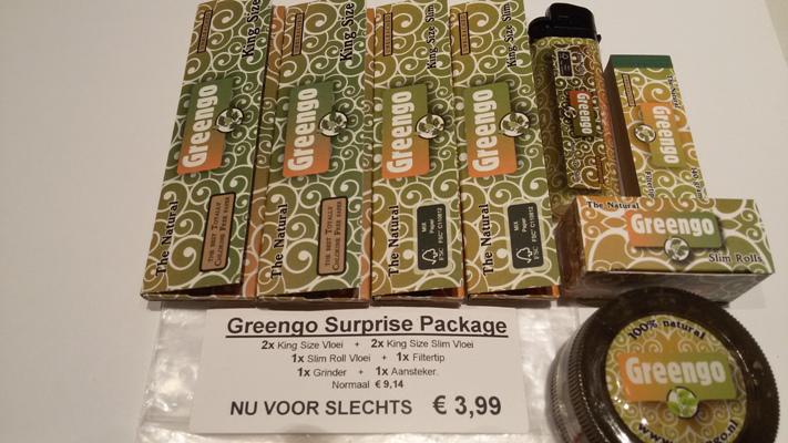 Greengo pakket met 4x grote vloei, rolletje vloei, tipboekje, aansteker en grinder. Nu slechts € 3,99 (let op: OP=OP)