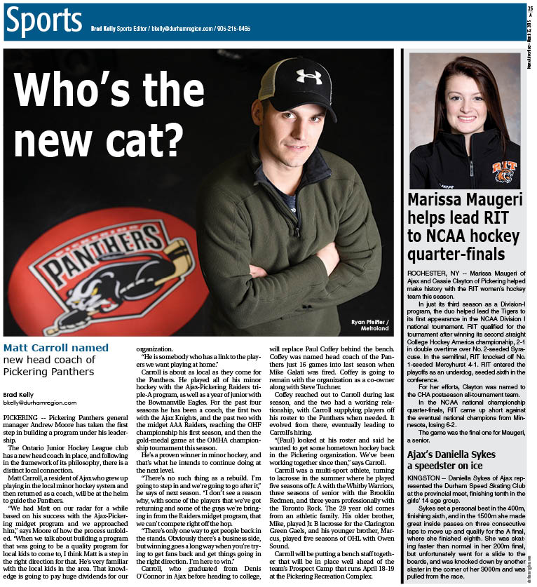 TSNBobMcKenzie's tweet photo. "@bkellydursports:  @PanthersOJHL name @mcarroll23 coach: http://t.co/CwRJLz4fHT http://t.co/kYeHaJJVmv" Congrats, Matt. Chip off old block.