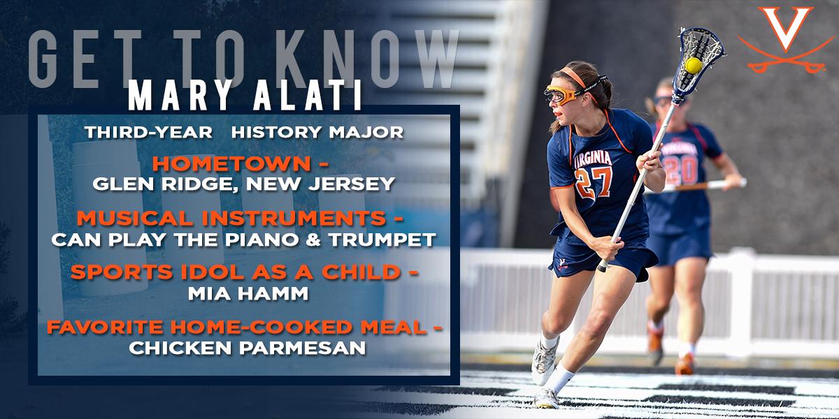 UVAWomensLax's tweet photo. Mary Alati had her second hat trick of the season last night at W&amp;M. Here are some #UVaWLaxFunFacts about the junior. http://t.co/XHSj2jrxu8