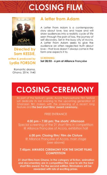 We'll show <a href="/lydiaforson/">miss forson</a>'s A Letter from Adam on Saturday at Alliance Francaise as part of the closing ceremony.