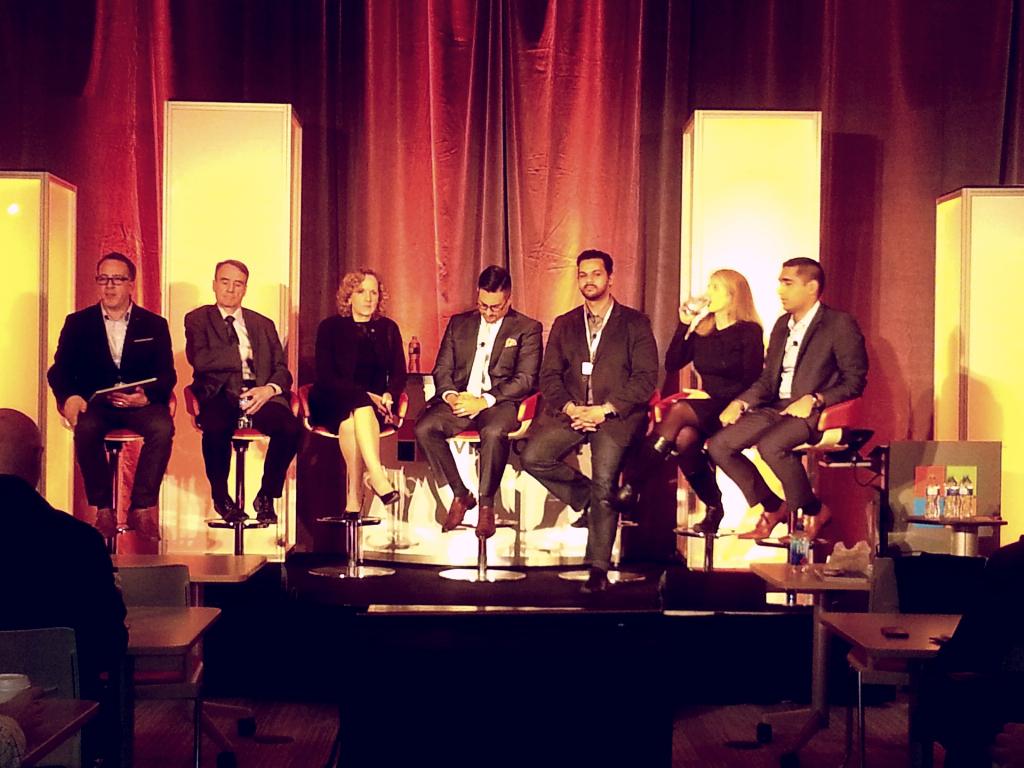 p_petril's tweet photo. #MSBigData panel debate is getting started with reps from @BMO @MySweetiQ @Subaru_Canada and moderator @rontite http://t.co/LKZDZtMzBY