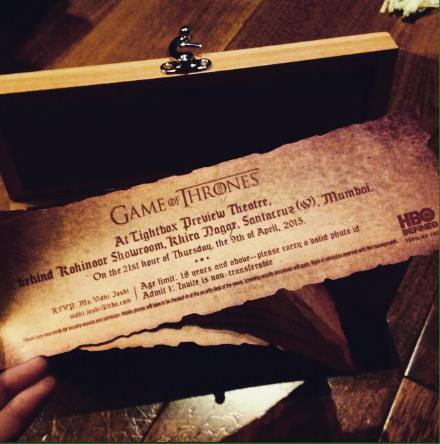 sakpataudi's tweet photo. Thank you @HBODEFINED for the lovely #GameOfThrones goodies and the invitation to the Season Premiere #GoT5 http://t.co/vZLznElmg7