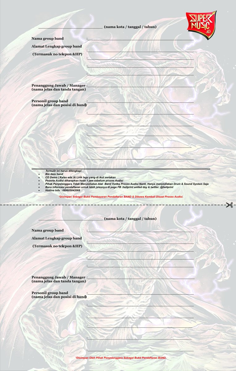 contoh form pendaftaran untuk audisi band #HellprintWestJavaInvasionFestival Repost from : <a href="/hellprint/">HELLPRINT FESTIVAL</a> ”