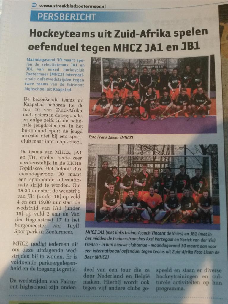 MHCZ JA1 &amp; JB1 spelen tegen de Fairmont Highschool Uit Zuid-Afrika.
