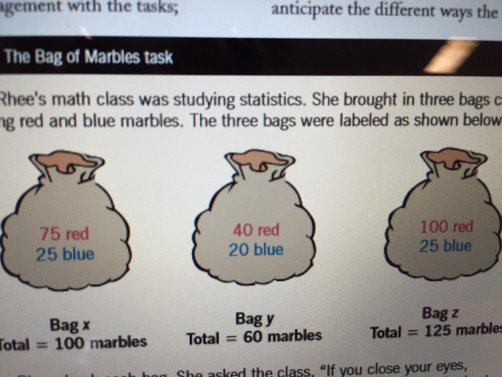 stapleta's tweet photo. Which bag gives u the better chance to pull out a blue marble?Remember look closely@how many red in each!#mathmarcs http://t.co/3HMYVhFfzr