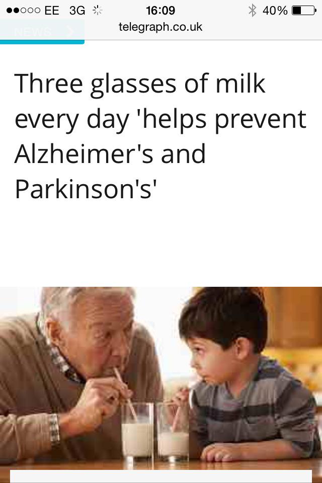 TeamDairy247's tweet photo. "Three glasses of milk every day 'helps prevent Alzheimer's and Parkinson's'"

#TeamDairy 

http://t.co/YFm6WMFCn8 http://t.co/jxsP2MIH1e