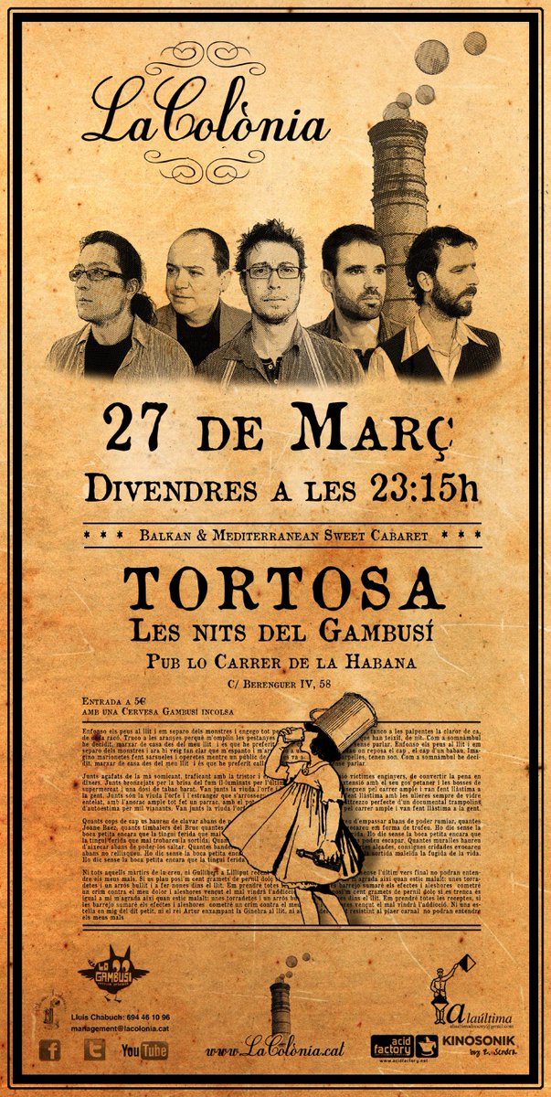 #Tortosa... JA VENIM! Tornen les 'Nits de <a href="/logambusi/">Cervesa Lo GambusÍ</a>' a <a href="/LCDLhabana/">LoCarrerdelaHabana</a> i La Colònia serà l'encarregada d'encentar-les!