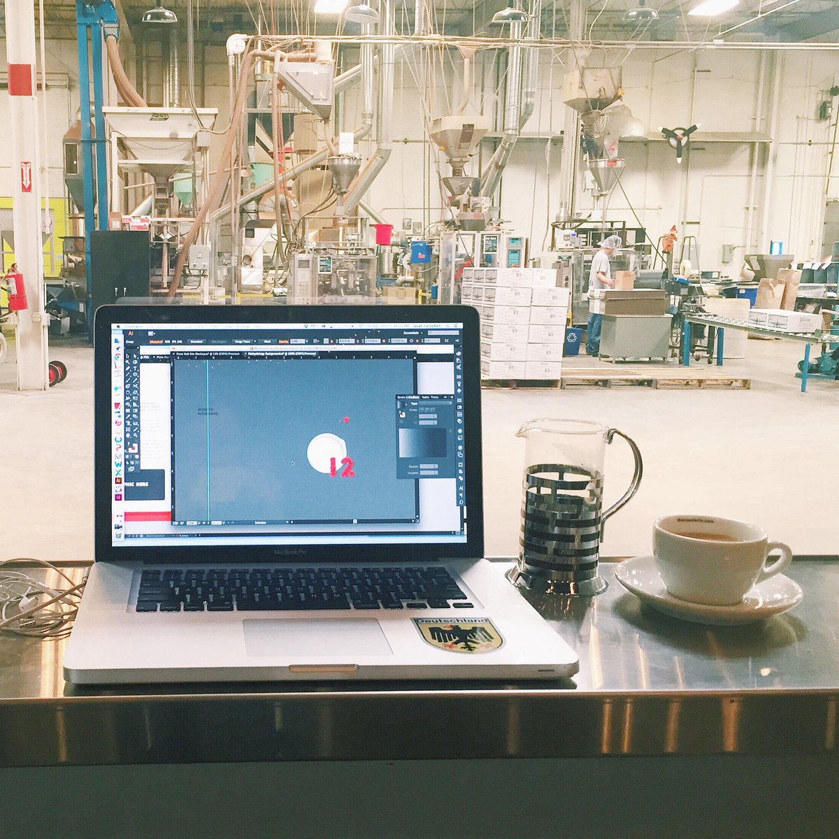 whatsarahsdoing's tweet photo. Designing in a #coffee factory today. In caffeinated heaven. @TheRoasterie #graphicdesign  #happyplace #kansascity http://t.co/WSBpSpgQ3v
