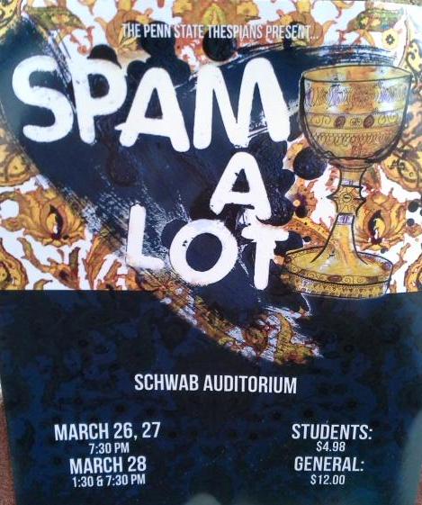 StateCollege2nt's tweet photo. Spamalot tonight, Fri, Sat 7:30pm at Schwab auditorium $5 for students. @psuthespians http://t.co/1YIc8xWlyx