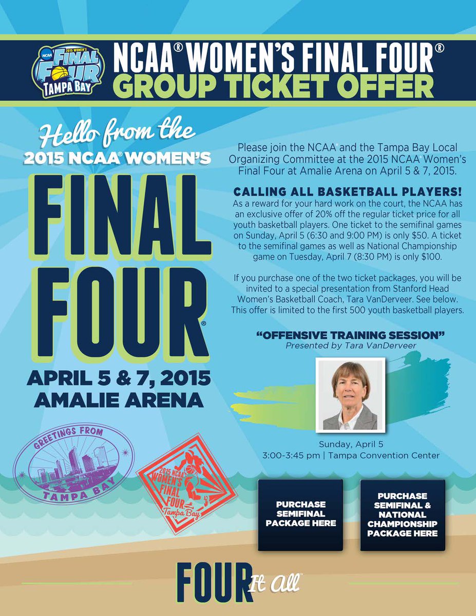 CAMhoops's tweet photo. NCAA offering 20% off Women's Final 4 tix for all youth players. April 5 &amp; 7 in Tampa, FL - http://t.co/av2s1Wv9aA http://t.co/KLpYIN8rky