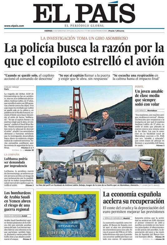 el_pais's tweet photo. Investigan la razón por la que el copiloto estrelló el avión; Arabia Saudí bombardea Yemen... http://t.co/iNlxYJigcv http://t.co/mKfECtdr5j