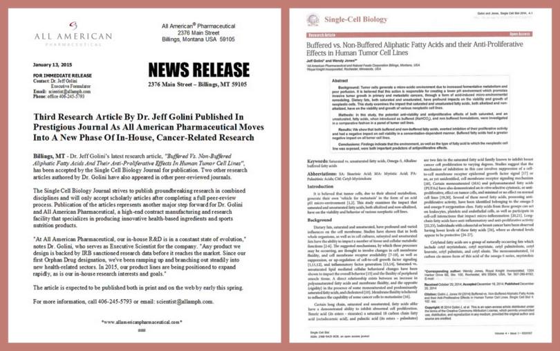 News Release: Billings, Montana: March 2015 > *Important Cancer Research from Dr. Jeff Golini of #AAP* >