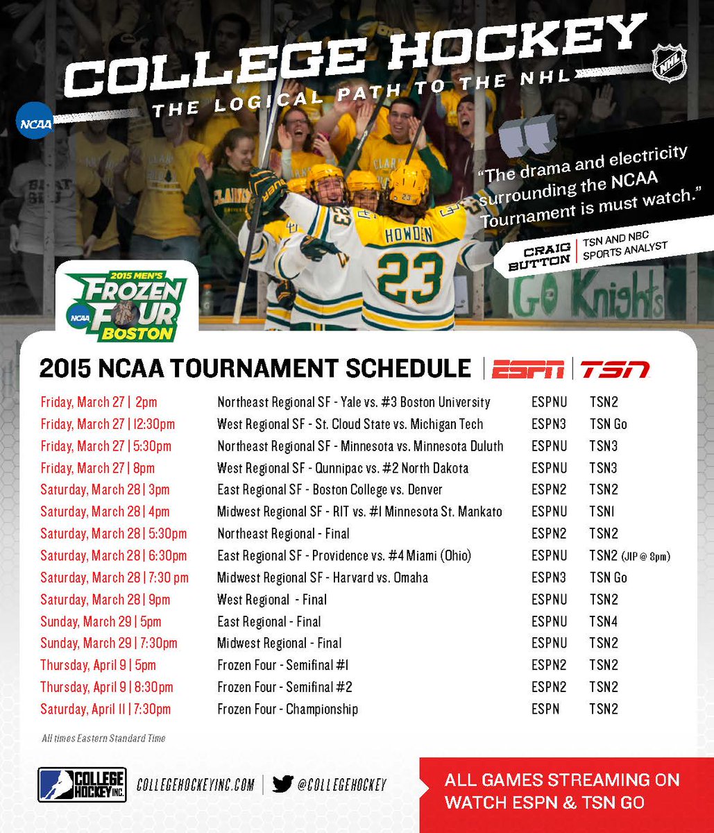 TSNBobMcKenzie's tweet photo. TSN has NCAA hockey tourney action, culminating with Frozen Four. Here's TSN's schedule: http://t.co/TGi5XYL5aX