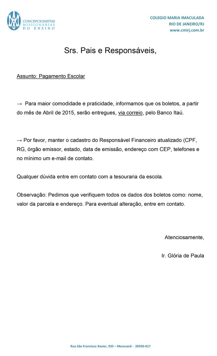 CMI_rio's tweet photo. Atenção Srs. Pais e Responsáveis,
 Circular sobre o Boleto de Pagamento enviado pelo correio. http://t.co/oQyZGwGT3o