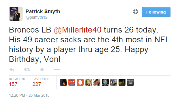  LB turns 26 today. His 49 sacks rank 6th in franchise history.  