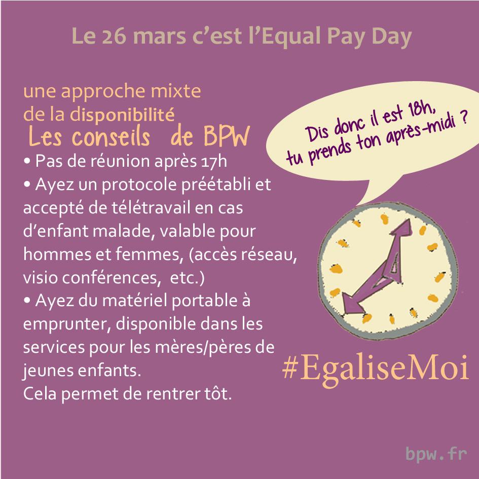 bpwfrance's tweet photo. Les conseils de BPW en ce jour de l'#EqualPayDay : une approche mixte delà disponibilité. #egalisemoi #EPD2015 http://t.co/JUAofQFfe9