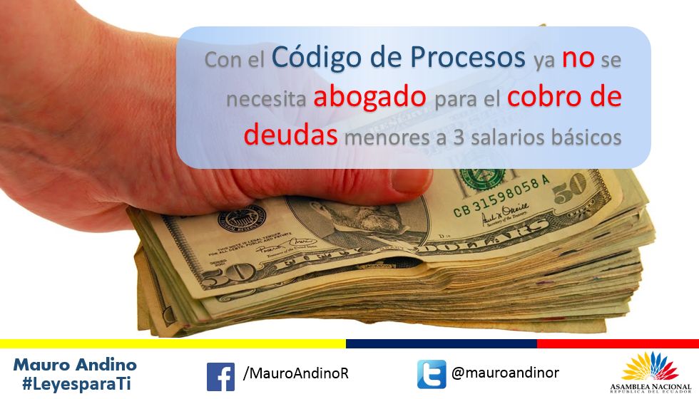 mauroandinor's tweet photo. Gracias al #CodigoProcesos ya no se necesitará abogado para cobrar deudas menores a 3 salarios básicos #NuevaJusticia http://t.co/HPMu3KVjWL