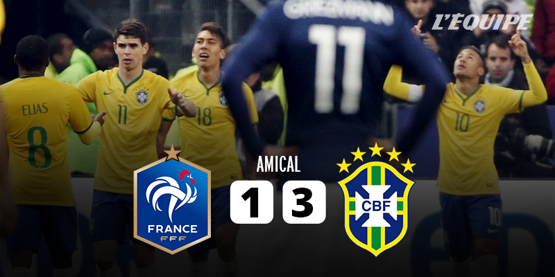 lequipe's tweet photo. Fin du match au Stade de France. Les Bleus s'inclinent contre le Brésil http://t.co/ePtZuXA1kP http://t.co/SC6cHevQKs