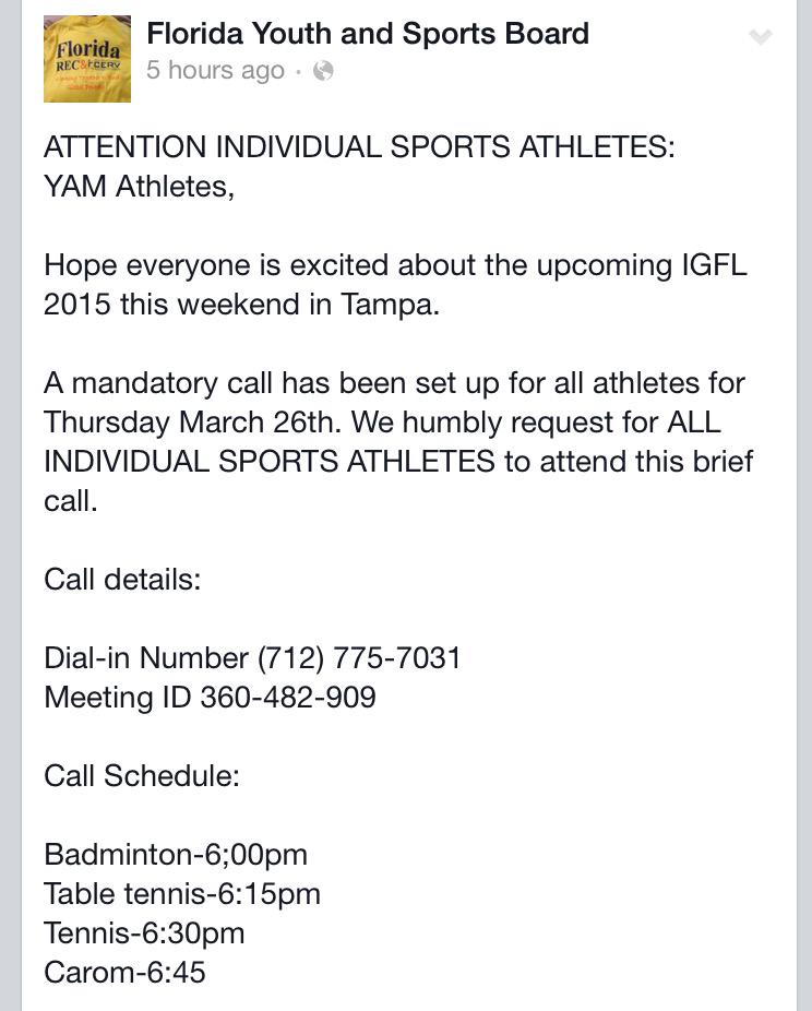 FL_AKYSB's tweet photo. Ring...Ring...THERE'S A CONFERENCE CALL TONIGHT FOR ALL INDIVIDUAL SOORT ATHLETES! 📞🎾🏊 (details in picture) http://t.co/TOBrciXIKe