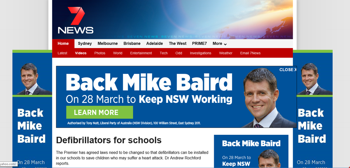 kirstenandrews's tweet image. Woah that's an awful lot of @mikebairdMP  advertising on one page @yahooau   #nswvotes #intenseexperience