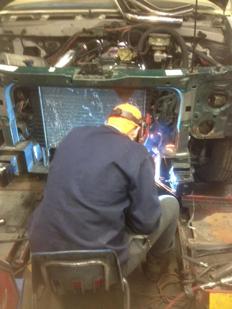 btbgas's tweet photo. Students fabricating and welding custom pieces to make the 1998 front end fit a 1990 http://t.co/wAdIvrUKKa
