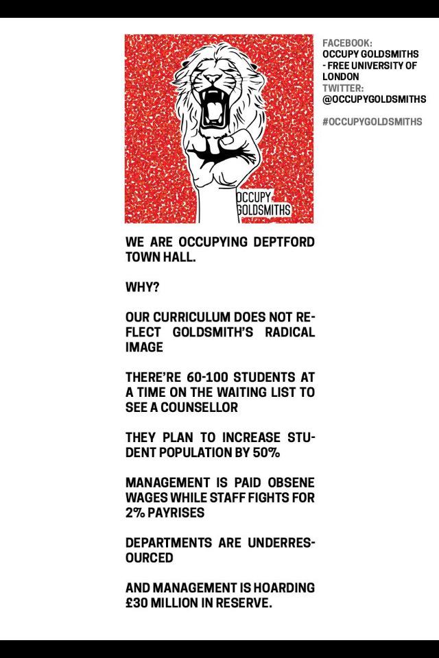 Follow @occupygsmiths! 
Here are their demands #OccupyGoldsmiths #FreeUniversityOfLondon ”