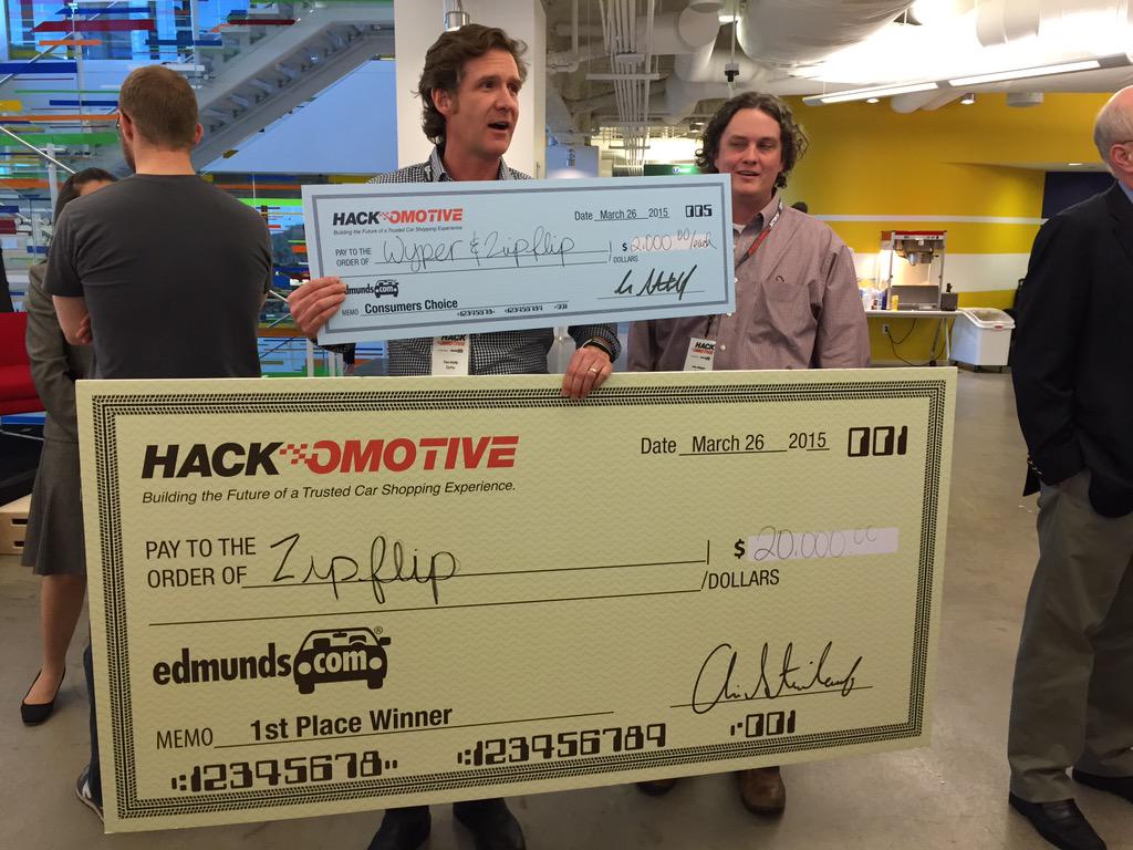 edmunds's tweet photo. Congrats to @ZipflipAuto, @dashmobile and @BacklotCars for winning #Hackomotive!#CarHack #siliconbeach http://t.co/AsGZ8ngbZb