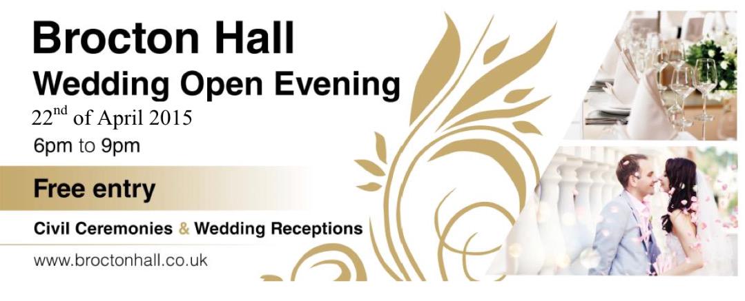 <a href="/StaffsBride/">Staffordshire Bride</a> Wedding Open Evening <a href="/BroctonHall/">Brocton Hall GC</a> on 22nd April 6pm - 9pm, hosted by <a href="/MelissaBespoke/">Bespoke Creations</a>. Entry is FREE!