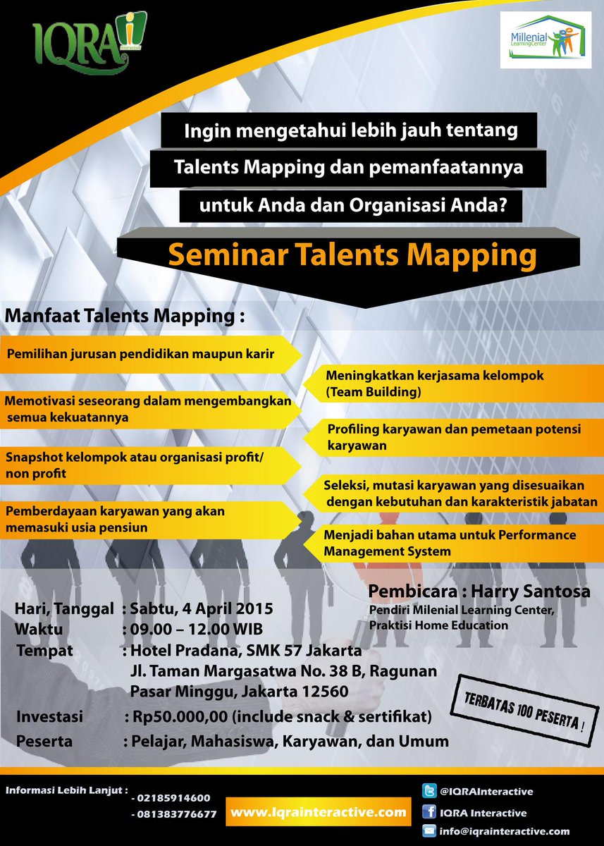 IQRAInteractive's tweet photo. #Seminar Talents Mapping. Sabtu, 4 April 2015 @ Hotel Pradana SMK 57 Jakarta. Terbuka untuk umum.cc: @SeputarEvent http://t.co/cyhi5Y0ZRq