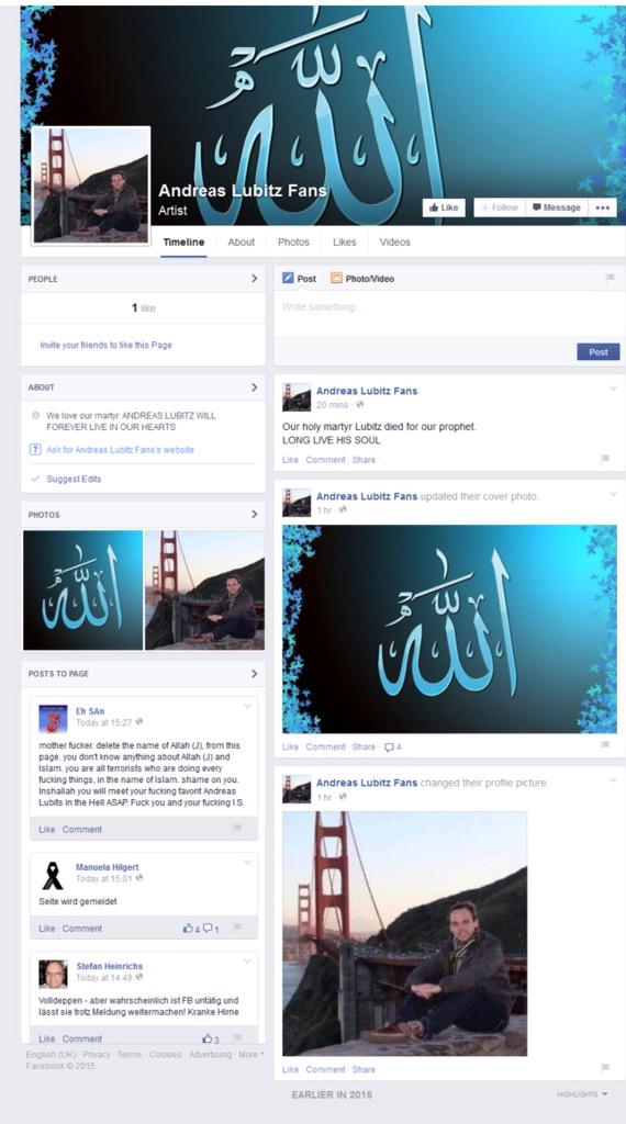 Andreas Lubitz Facebook fan page: honored as Islamic martyr