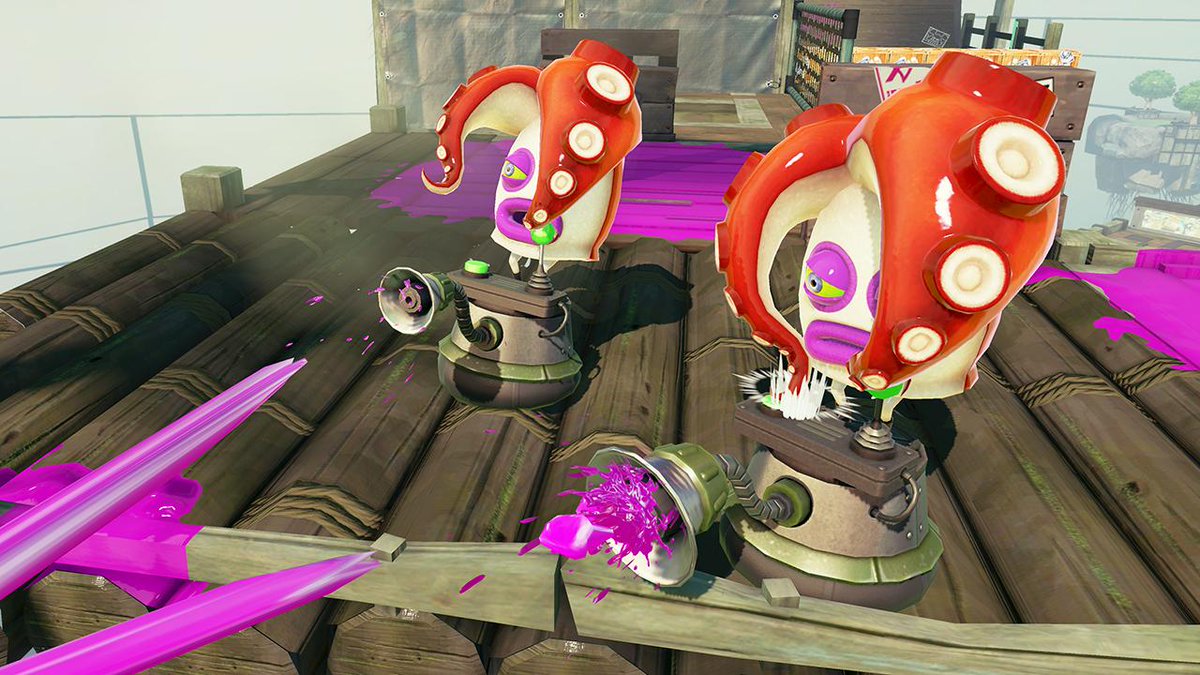 Splatoon スプラトゥーン コイツの名前は バイタコトルーパー タコトルーパーより強力な攻撃を仕掛けてくる上級戦闘員らしい よく見ると 2本の足の片方でレバーを操作し 片方でボタンを連打している 1秒間に何連射できるのだろうか ひとつ