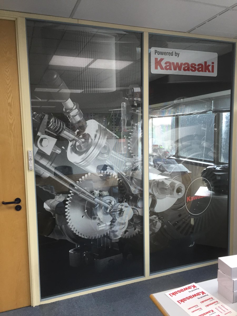 prgraphics1990's tweet photo. Interior Contra-vision vinyl produced and fitted by #prgraphics at #Kawasaki head office http://t.co/shDVfcBny1