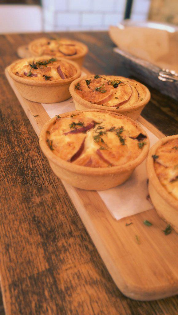 Cheese and onion quiches fresh out of the oven - Ooh!
