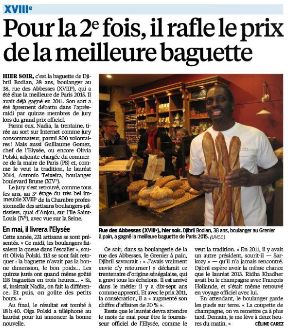 Bravo à #DjibrilBodian boulanger à #Paris18, qui remporte pour la 2e fois le prix de la meilleure #baguette de Paris!