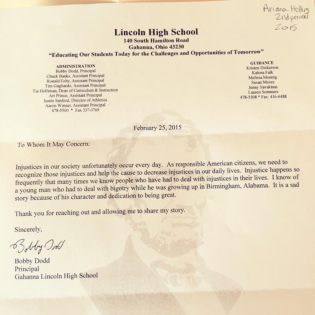 WW2GLHS's tweet photo. Thank you so much Principal Dodd for contributing to our Paper Clip project. Ariana Hollins was thrilled! http://t.co/Qso2uOKEnh