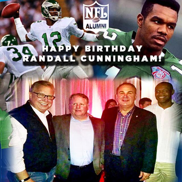 Happy birthday Randall Cunningham!!! Pictured below, Ron Jaworski, Chip Kelly, Joe Pisarcik and Randall Cunningham. 