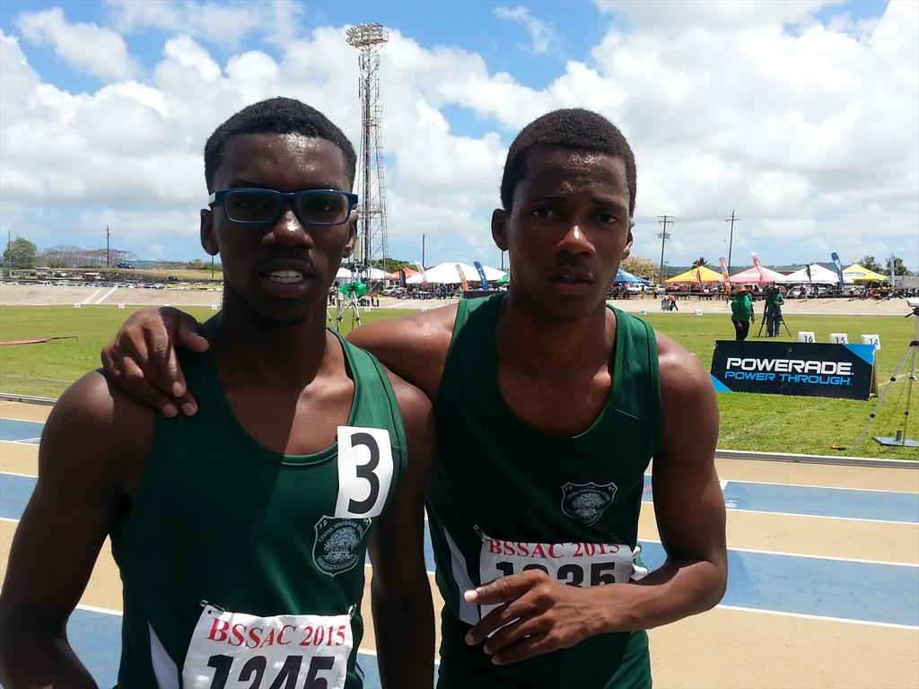 NationBarbados's tweet photo. #BSSAC2015: Lester Vaughan's Rivaldo Leacock and Stephen Griffith finish 1-2 in the U20 boys 400m hurdles. http://t.co/qYyQHeSRU5