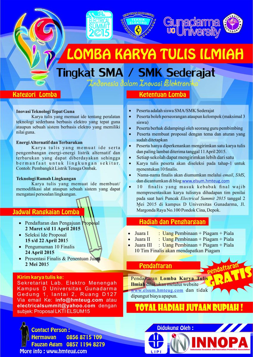 elsumug's tweet photo. @infolomba_indo Lomba Karya Ilmiah SMA/SMK sederajat ,hadiahnya jutaan rupiah & pendaftaran gratis #ElectricalSummit http://t.co/dJco86HlKn