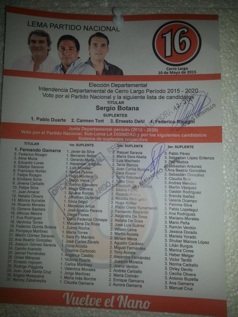Lista 16 ya presentada en la corte en Mayo Botana Intendente vamos con todo en Cerro Largo.