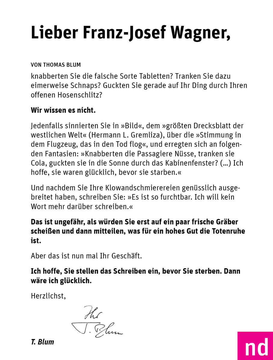 ndaktuell's tweet photo. In der @BILD schrieb Franz Josef Wagner an die Opfer von #U49525. Unser Redakteur Thomas Blum hat ihm geantwortet http://t.co/EuH41hNIGt