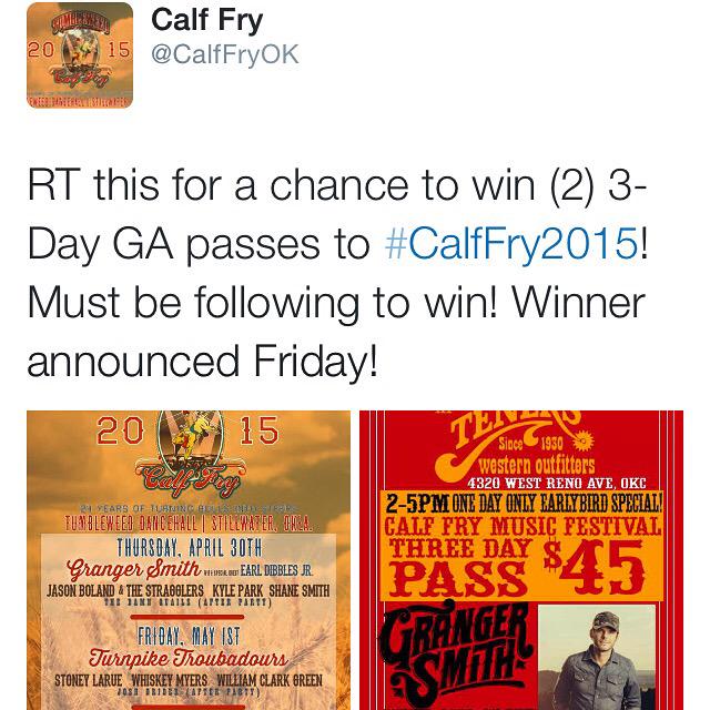 CalfFryOK's tweet photo. If you haven't done this yet! We're going to pick a winner at 3pm! http://t.co/IW1teN00FM