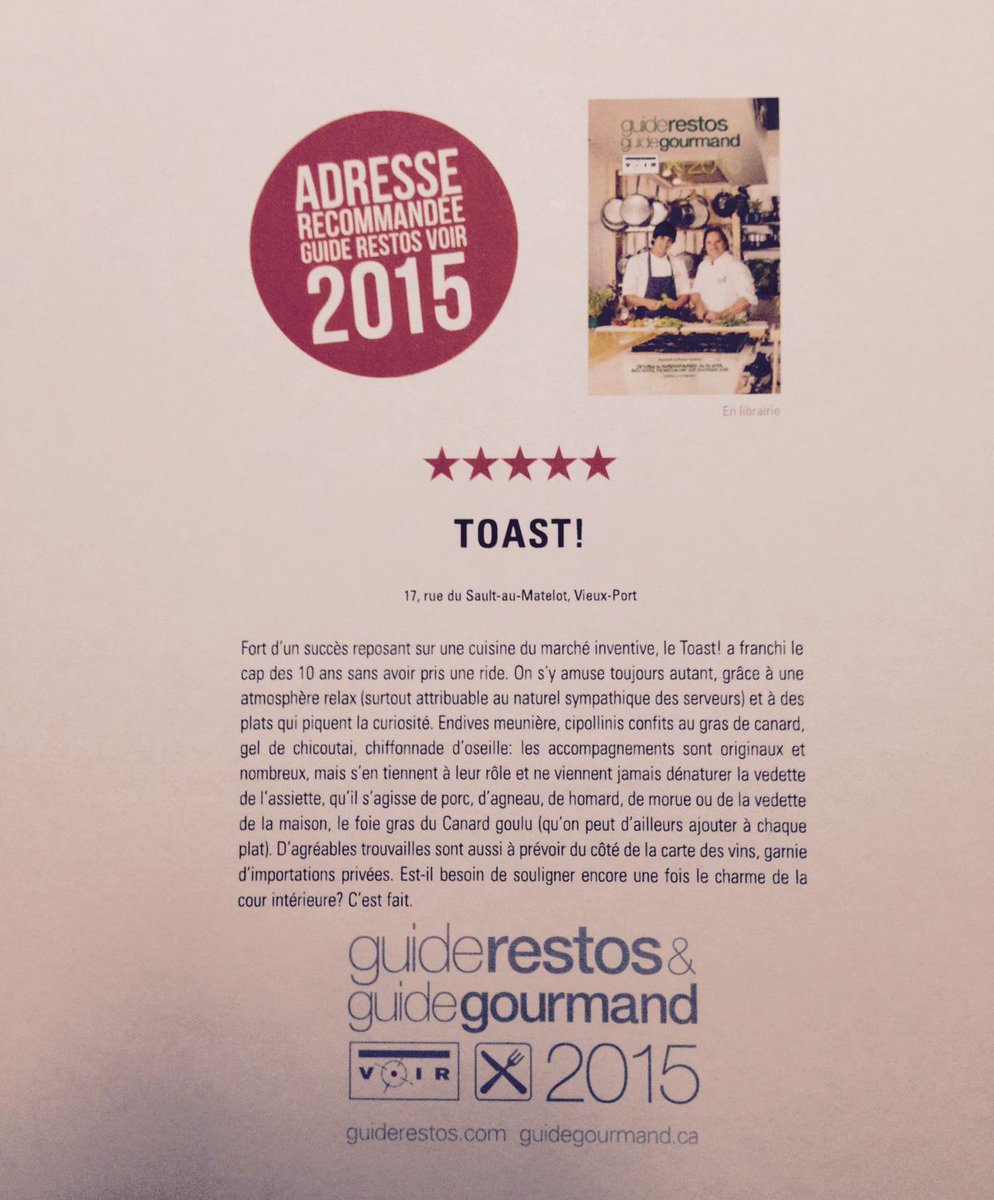 RestaurantToast's tweet photo. ★★★★★ Wow, les 5 étoiles Guide @guiderestosvoir  MILLE MERCI! http://t.co/TJKrLK9f1n