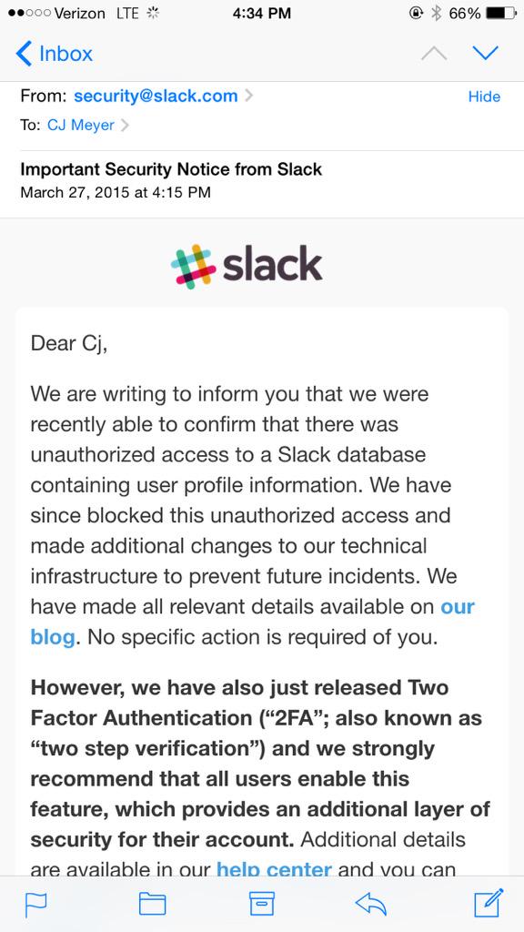 lemonchops64's tweet image. Just got an email that @SlackHQ was hacked - great customer service though with the email #slackhack