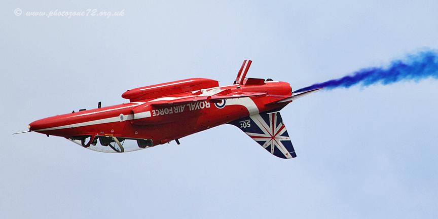 Red 7 2014 Flt. Lt. Mark Lawson in XX278 at <a href="/WaddAirShow/">Waddington Air Show</a> last July.