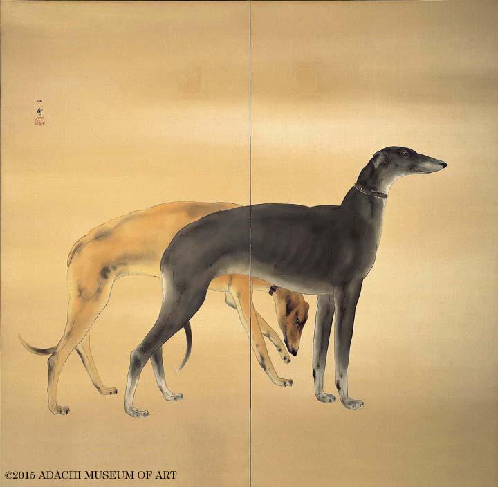 橋本関雪「唐犬図」(1941年) 凛とした表情でたたずむ犬。金色の背景と