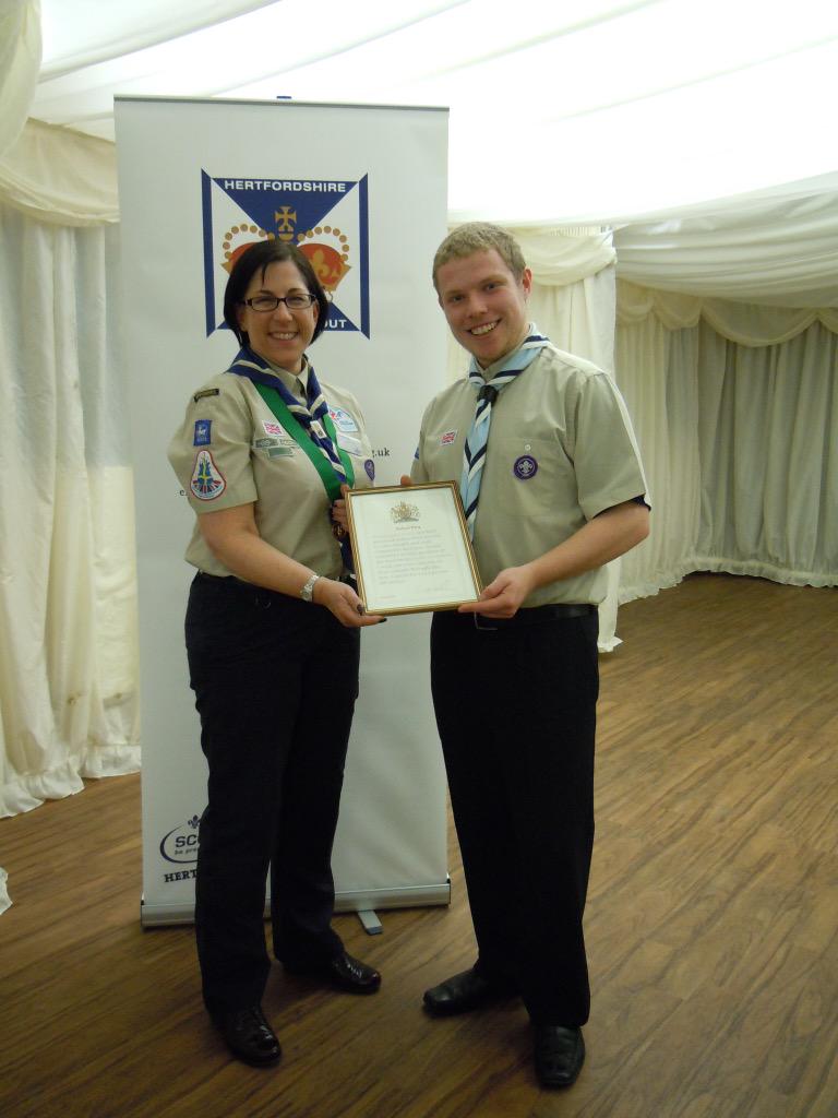 Congrats to <a href="/RobDay91/">Robert Day</a> on being presented with his Queen Scout Award with <a href="/CCHertsScouts/">Liz - Herts Scouts</a> #proud #scouts #queenscout