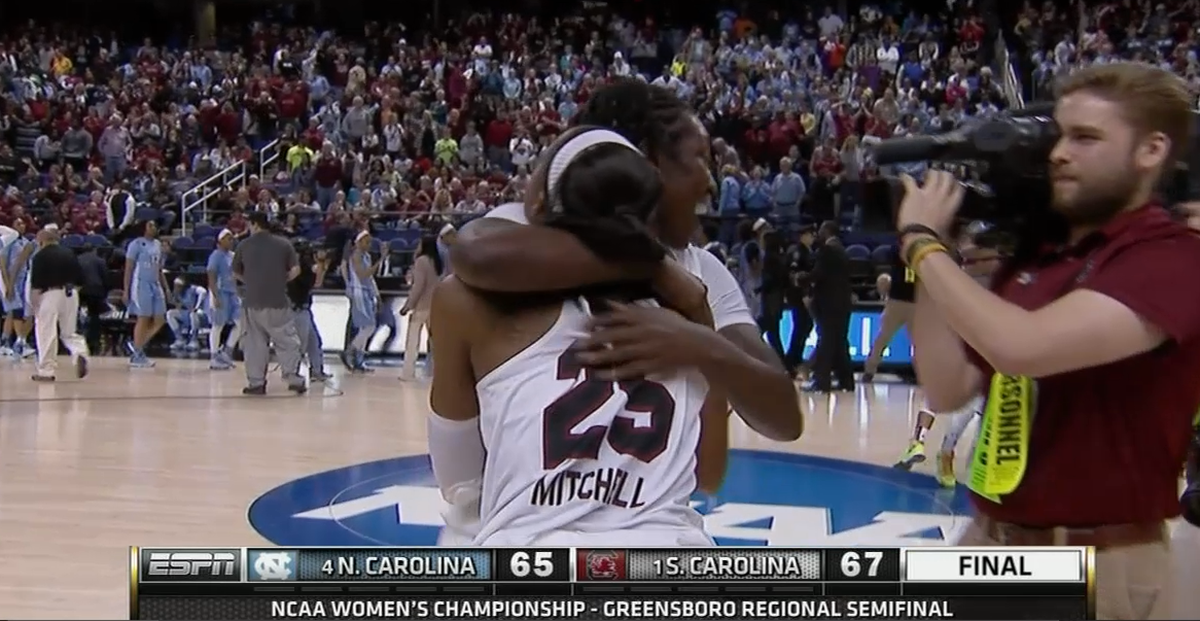 SECNetwork's tweet photo. .@GamecockWBB survives &amp; advances!

The #Gamecocks are headed to the Elite 8 after a 67-65 win over North Carolina. http://t.co/AAmetCi02W